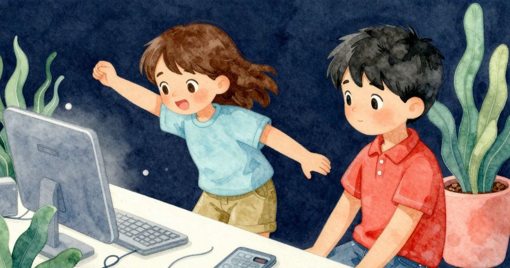 Esme正在細看桌上排列的電池、纜線與尺子，特寫展示豐富質感，背景透出森林清晨之美