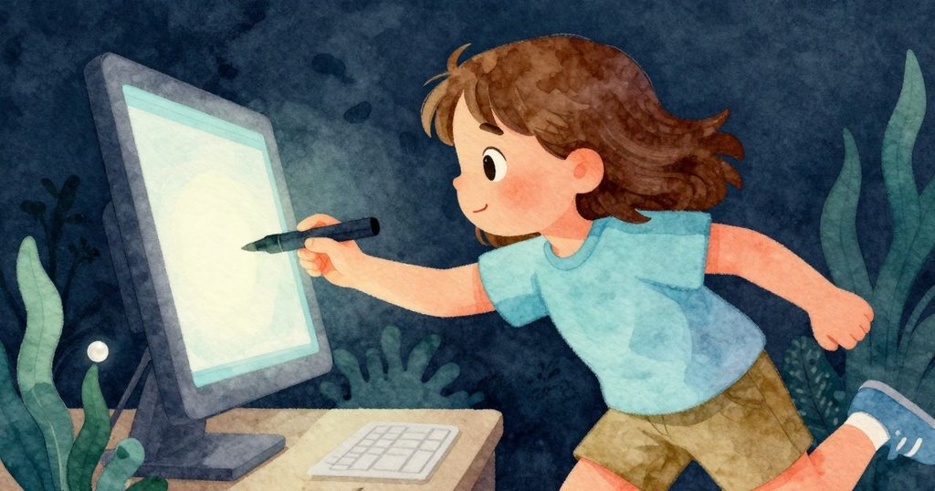 Esme聚精會神觀察螢幕特寫，唯一發光標記映出微妙光影，充滿好奇與期待的情景