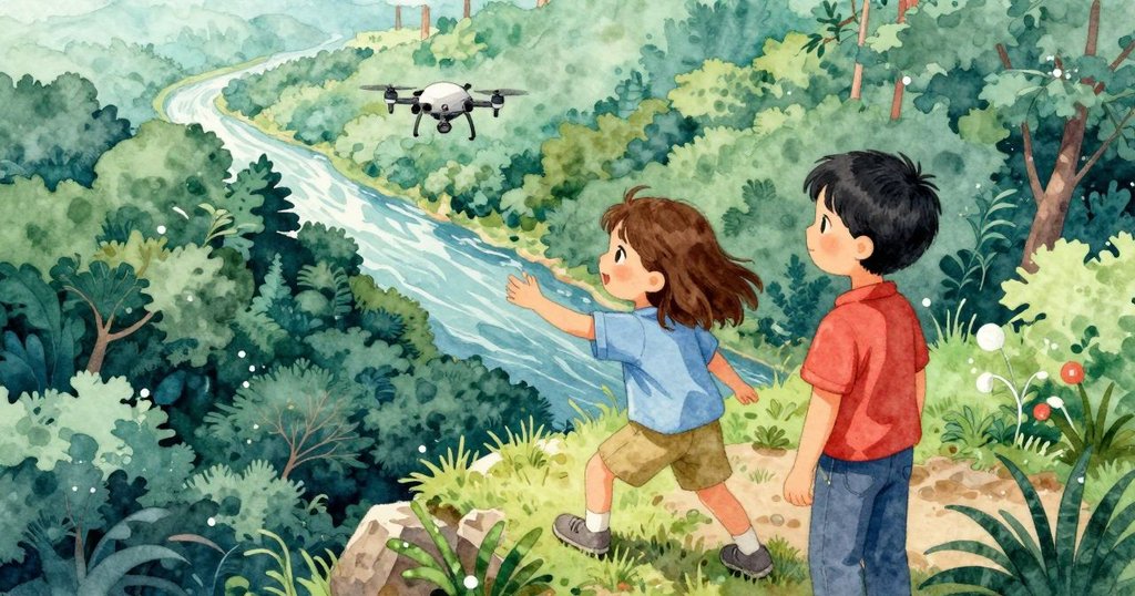 從高處俯瞰森林，無人機穩定懸浮，樹梢與河流呈現奇異熱影效果，氛圍神秘充滿探險