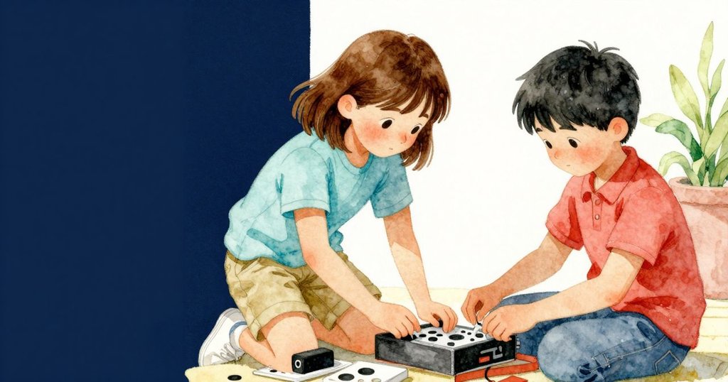 Esme與Ivan在森林朝陽中整理科技器材，輕柔收歸工具與筆記本，沉靜微笑中結束忙碌晨間探索