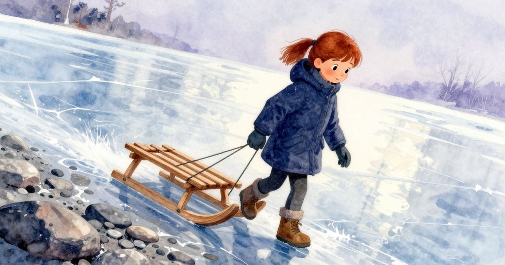 津妮亞走出花崗岩岸邊踏上光滑冰面，伴隨雪橇和桶，呼出白霧，呈現堅毅探索冬日晨景