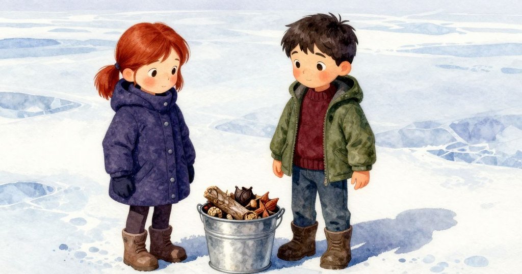 箱桶內擺放著樹脂、樹皮和種子，細膩呈現冬日沉思，背景為廣闊潔白冰面，展現收集物的故事