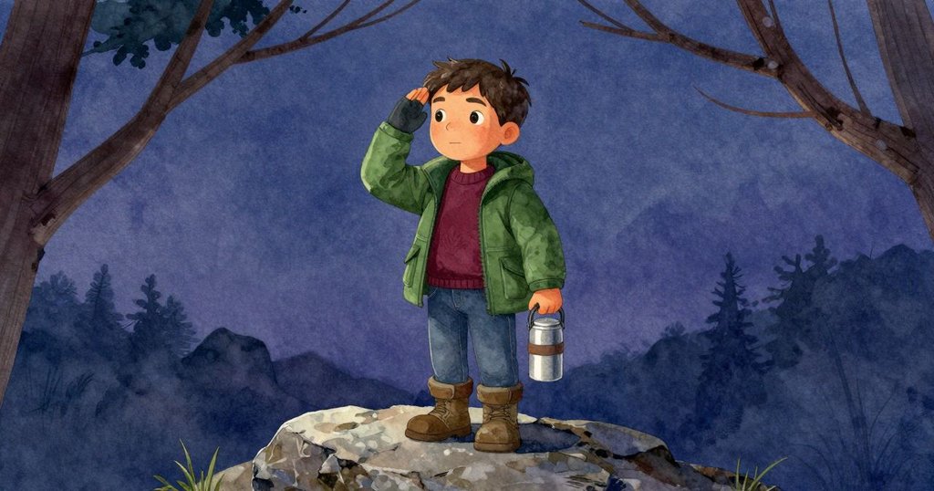 邁爾斯站在岩石上舉手致意，手握熱水瓶，透過樹枝框景凝視遠方，表現冬日靜謐關注