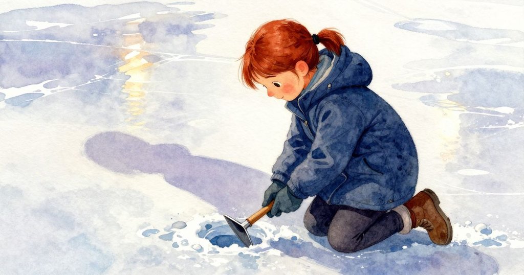 津妮亞跪於冰面，用手鑽刻凹槽，夕陽投下長影，專注刻畫冬日轉折，展現實驗與用心