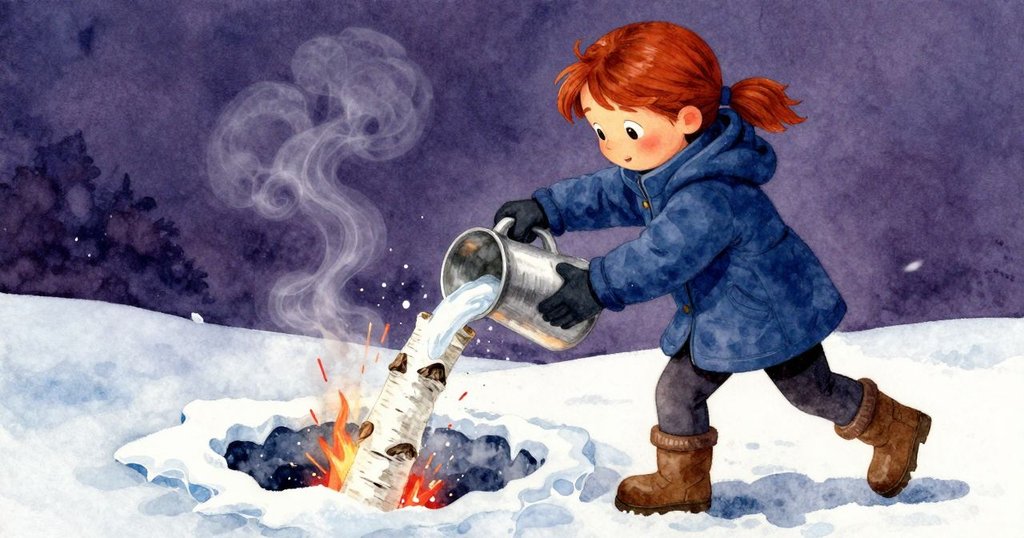 津妮亞倒入收集物於冰凹槽中，樺樹皮被點燃冒出細煙，動感畫面彰顯實驗極致瞬間