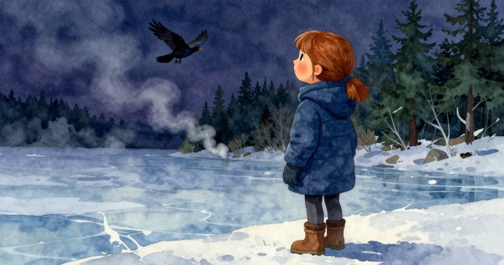 津妮亞站在冰面上注視細煙漸隱，烏鴉飛過，廣闊冬景中展現旅程繼續的寧靜與思索