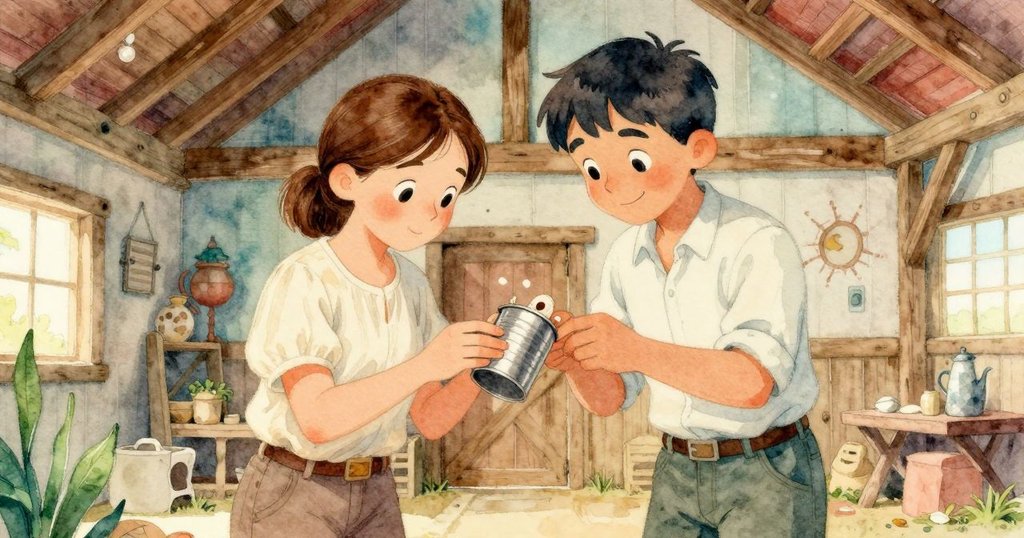 在溫暖的穀倉內,Yolanda與Miles仔細檢視金屬杯、匙子與螺旋貝殼,木樑間透出柔和光線,氛圍充滿探索與發現趣味。