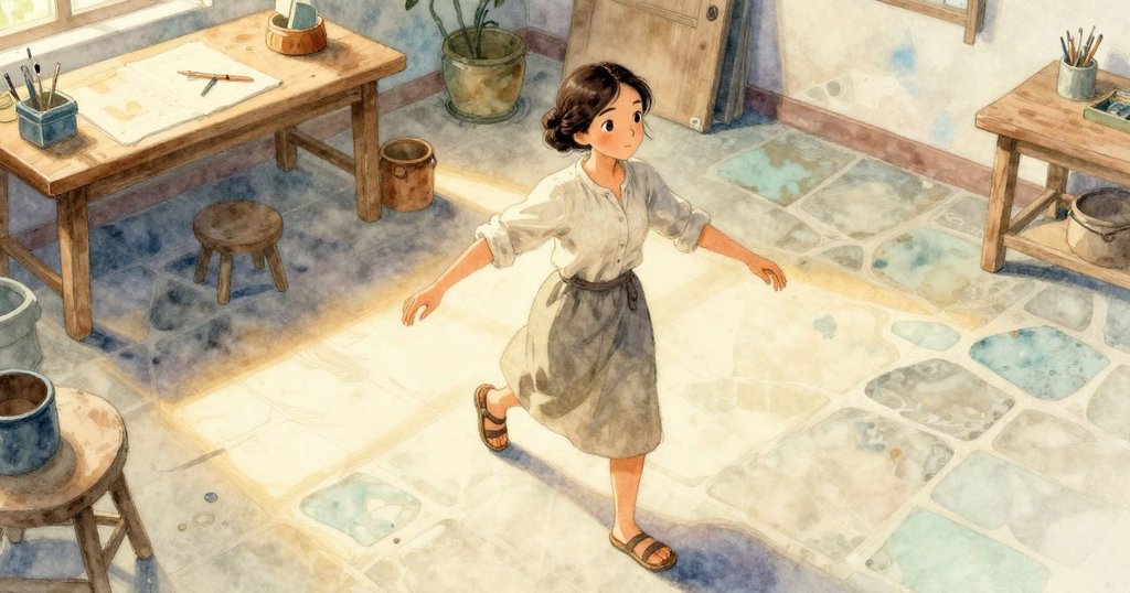 Stella在工作室中從上方鳥瞰視角下正推動木門擋子，石地板與桌面清晰呈現，神情專注。