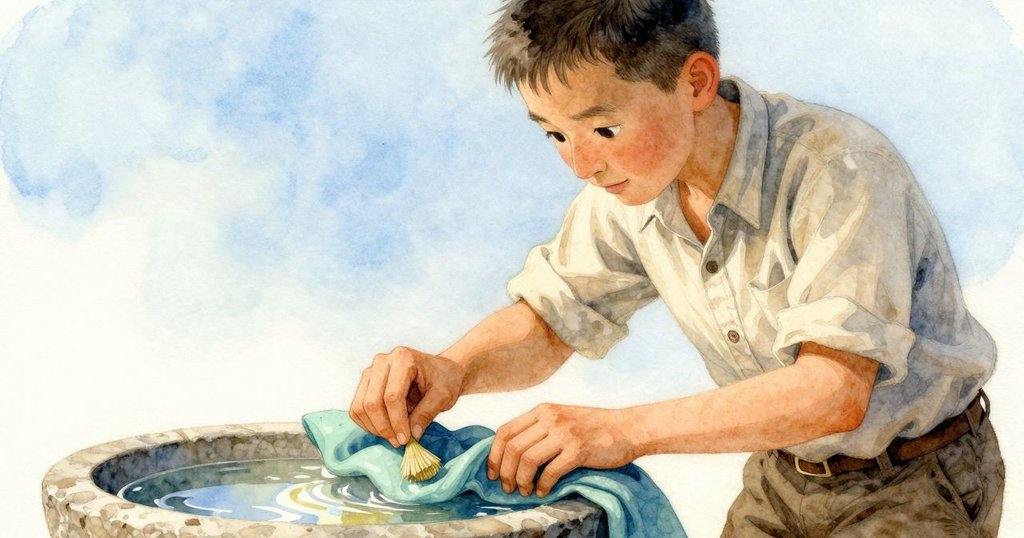 Clyde在石槽旁用竹條輕掃靛藍布，反射出光滑質感，神情專注，柔和光線下展現寧靜氛圍。