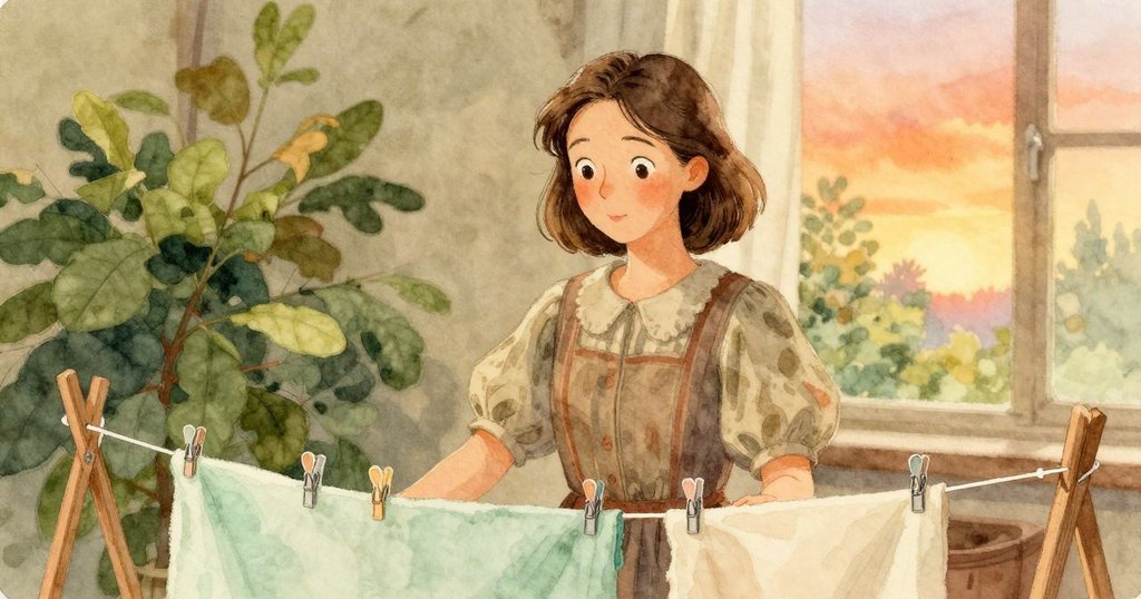 Tess在秋意氛圍中仔細將染布夾於掛架上，背景點綴著葉綠與土褐色調，充滿溫暖光線。