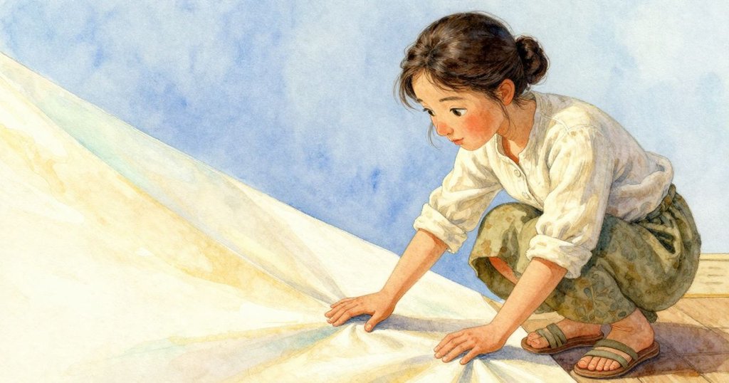 Stella神情充滿思索與微許憂慮，輕觸布上不規則斜線，內心掙扎細膩流露，場景氛圍溫暖。