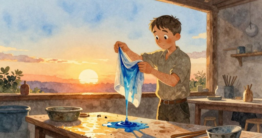 黃昏光線灑落在工作室內，Clyde舉起滴水布料，藍染逐漸擴散，白色斜線依然明顯，場景平靜溫馨。