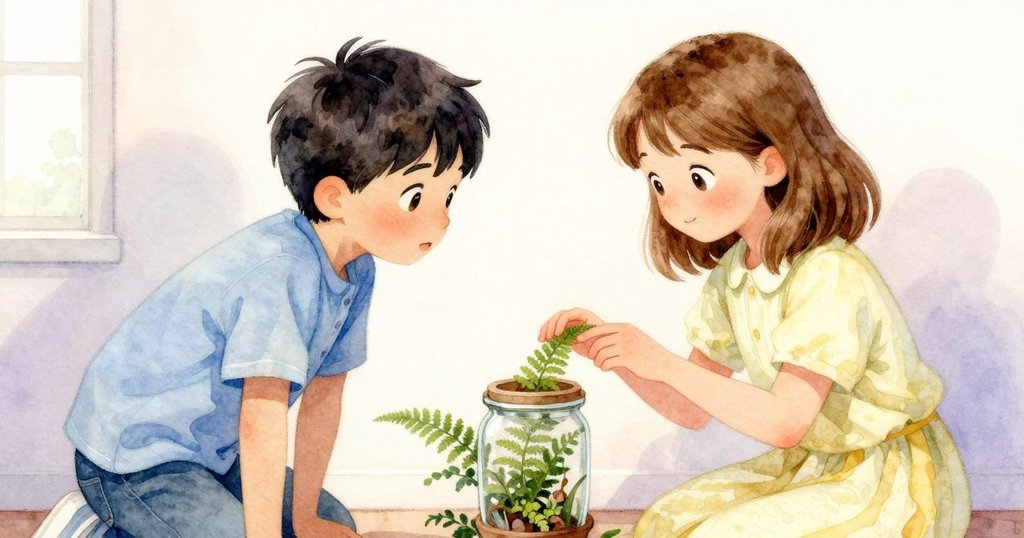 亞特拉斯傾斜玻璃罐照向蕨葉尖端,弗羅拉靠近觀察,互動溫馨且排列分明,架子木板發出微響