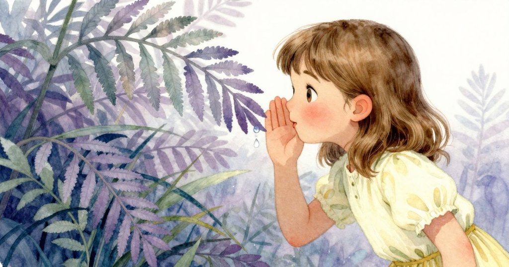 在柔和燈光下,弗羅拉低語「它彷彿在呼吸」,凝視樹蕨間一顆顫動水滴,映出綠色影子,充滿魔法氣息