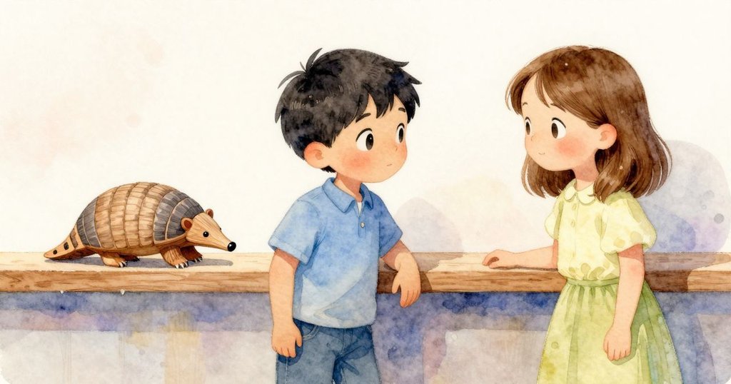 在寧靜餘韻中,木製犰狳靜臥於空白橢圓,玻璃罐上的溫暖痕跡及木架細緻紋理共同講述著互動後的溫柔故事