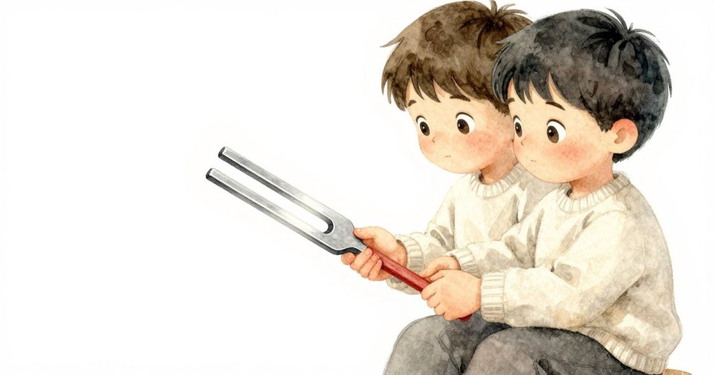 Cal以手敲擊調音叉，特寫捕捉精細振動，溫暖燈光映照手部動作，展現靜謐內心