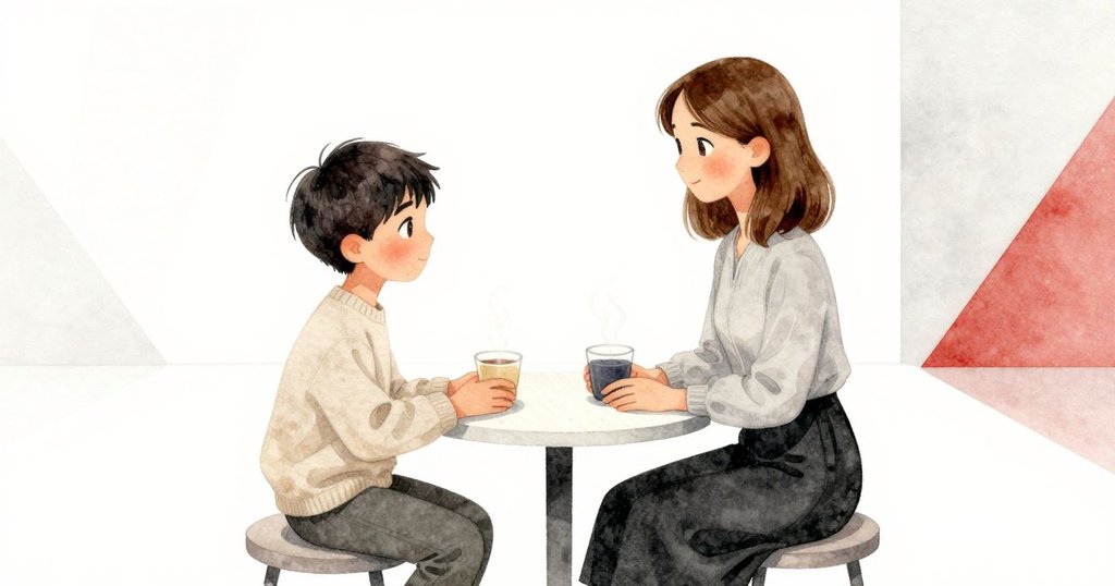 桌上兩個杯子形成鮮明對比，一杯冒著輕霧、一杯冰冷無氣，室內環境散發詩意美感