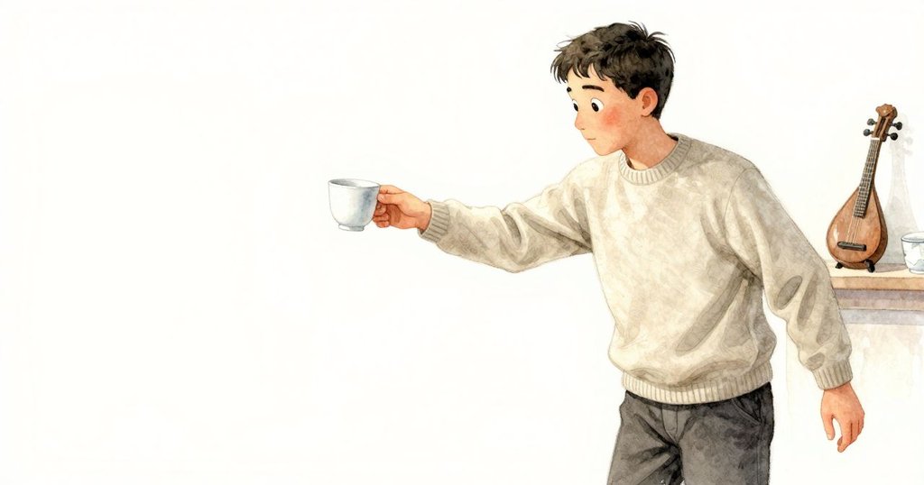 Cal略顯猶豫地伸手觸碰冰冷杯緣，暖光中表情深思，內心掙扎與儀器共鳴交織