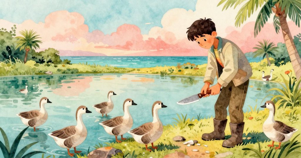 艾莫瑞在融冰的池塘邊刻刀柄，周圍有大雁和小鳥聚集，背景是溫暖的夕陽和自然風景，神情專注