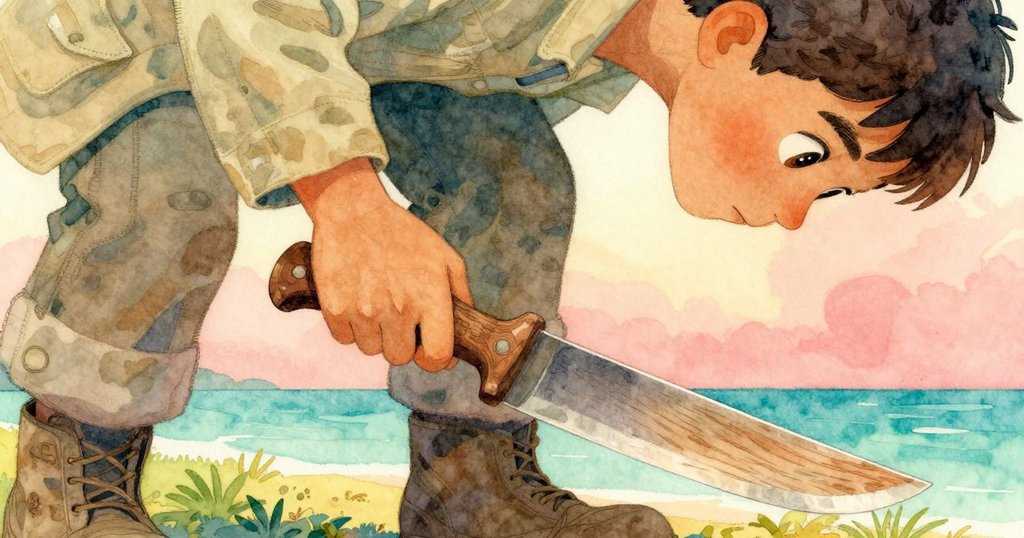 艾莫瑞的手輕觸刻有細微刮痕的刀柄，溫暖金光下顯露木紋細節，象徵著細膩手藝