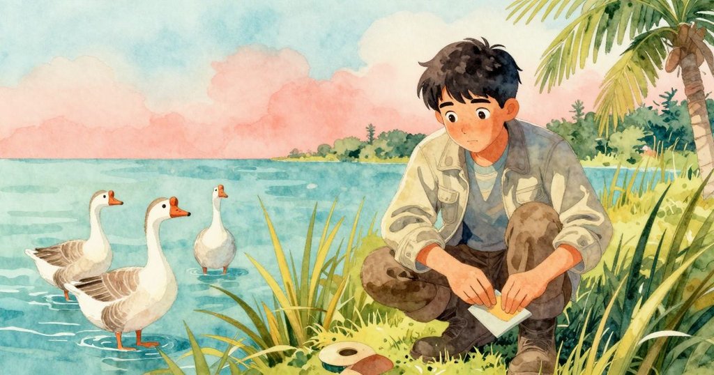 艾莫瑞蹲在蘆葦後清理濕漉砂紙，背景中大雁互有爭執，午後溫柔光線映襯著池塘融冰景致