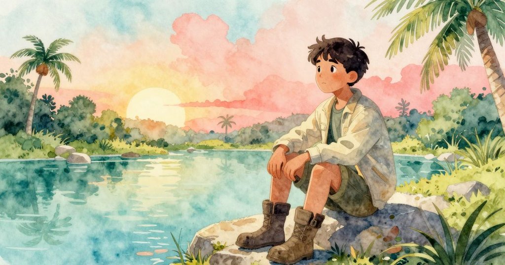 艾莫瑞坐在池塘邊的石頭上，輕輕用抹布擦拭手指，背景中大雁悠然遠行，夕陽柔和映照著安詳氛圍