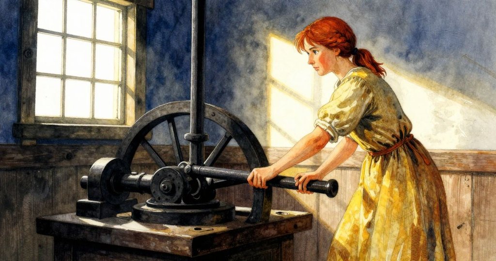 在老式磨坊中，Gemma靠著檀木槓桿操作機械，窗外流水映照陰暗光影，神情專注且充滿決心