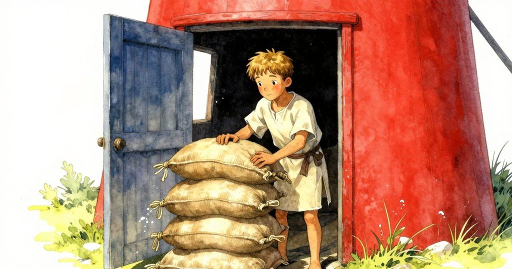 通過開放的門，Ian正專注地堆疊空袋，窗外流水柔光灑入，展現磨坊與自然邊界的過渡氛圍