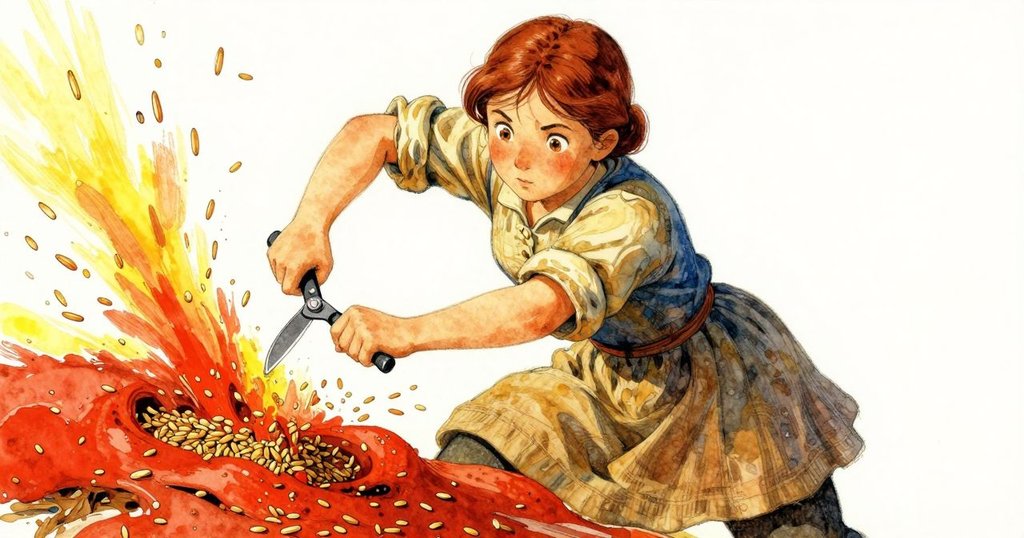 Gemma專注操作小刀，切破堵塞的穀物混合物，碎片落下穀粒如銀帶般流動，動作充滿張力與戲劇感