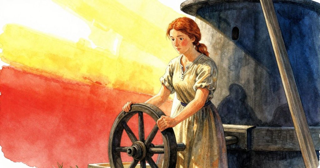 Gemma重新回到槓桿旁，柔和陽光灑入磨坊，木板輕響，麵粉雲朵漂浮，展現完成任務後的寧靜與滿足