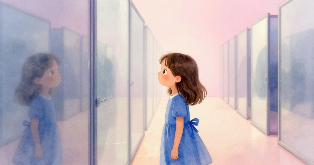 芙蓉在鏡迷宮入口處凝視著朦朧發光的玻璃板,鏡面上留有指紋,她表情充滿好奇與期待