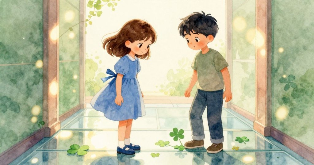 芙蓉踏入迷宮,鏡面地板上留下步印,她專注地將綠色四葉草貼在玻璃上,氛圍溫暖柔和