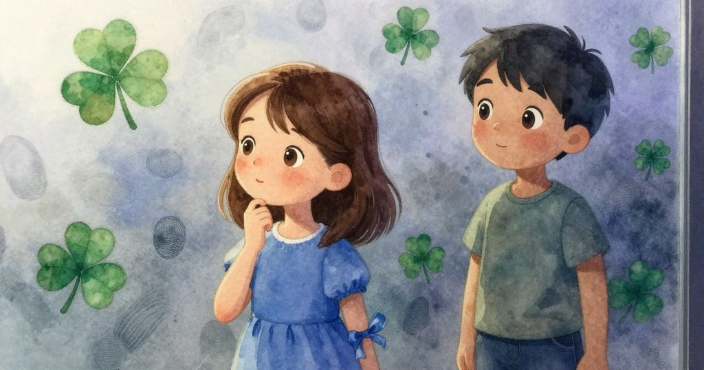 從小生物視角看鏡面,放大展示芙蓉留下的指紋與綠色四葉草痕跡,細膩展現旅程起點