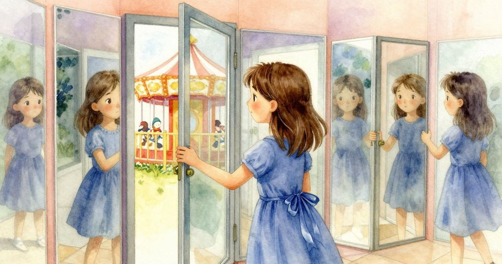 芙蓉發現可開啟的玻璃門,輕推之下門緩緩打開,透出溫暖空氣與遠處遊樂場的燈光,鏡中映出一位男孩