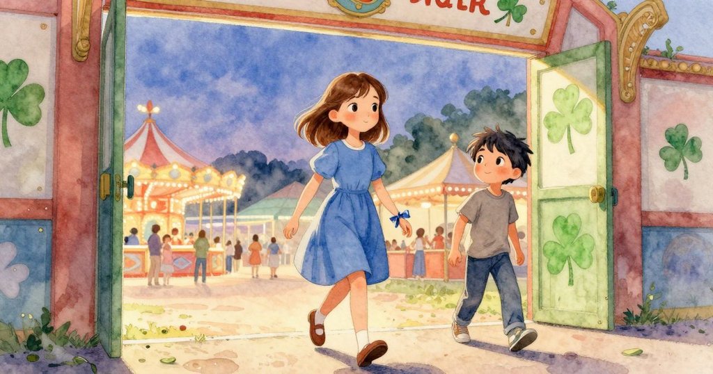 芙蓉走出鏡迷宮,背後玻璃門上唯一四葉草隨風飄舞,夜晚遊樂場燈光溫暖,一位男孩友善微笑看著她