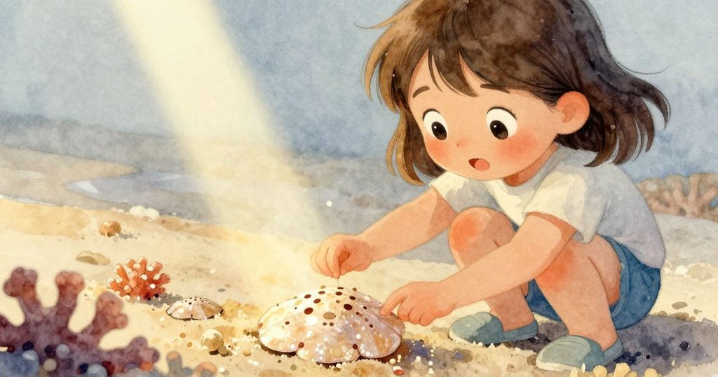 布萊斯近距離注視珊瑚上的沙錢,光線照射使紋路明顯,臉上流露好奇與驚喜