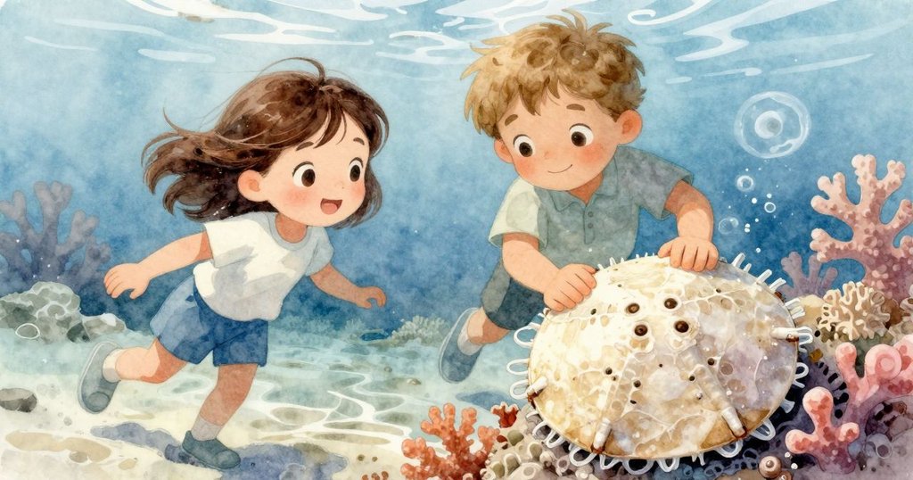 水下特寫呈現沙錢上微小管足隨水流擺動,透明水質與珊瑚背景營造出生命律動