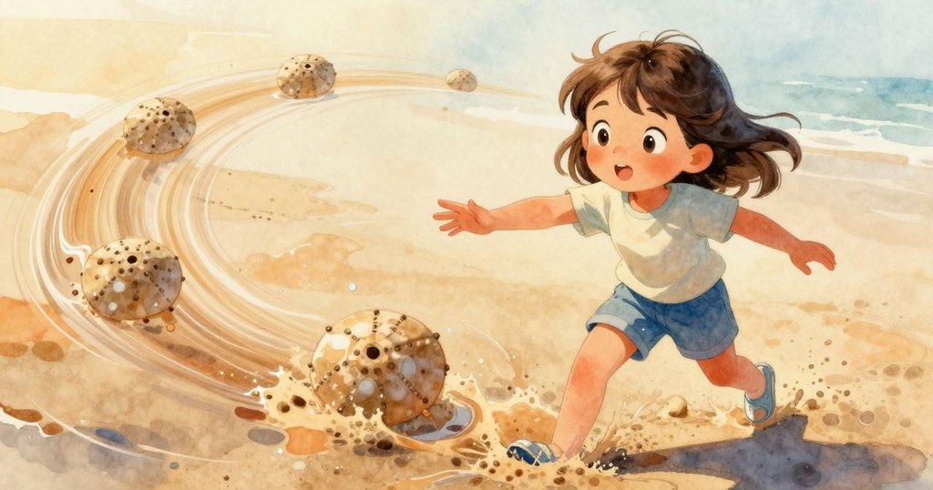 布萊斯伸手追逐隨水流滑動的沙錢,水中捲起紛飛細沙,動態場景充滿探索與渴望