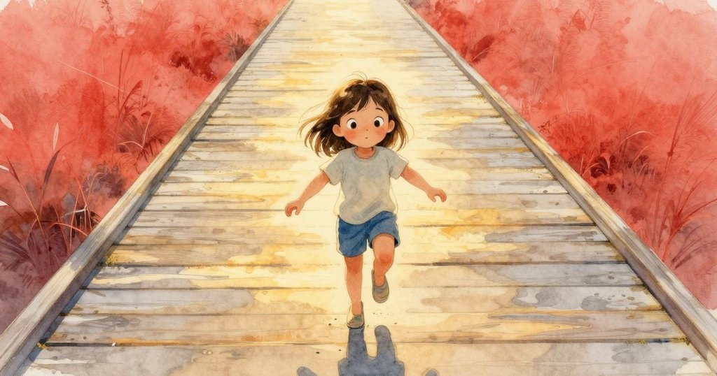 布萊斯回到陽光下的木板道,手輕觸溫暖木質表面,夕陽映照下思緒萬千,結束美好一天