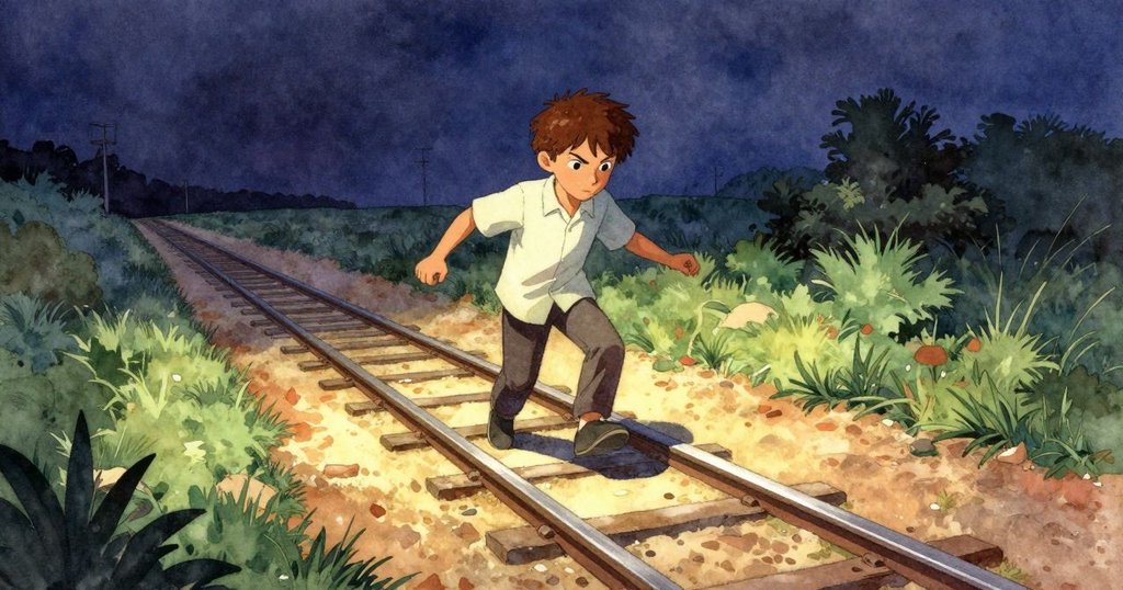 勒安德走下曬得發亮的軌道, 踏上沙岩灌溉小徑, 周圍乾塵和細微水霧, 神情堅定, 敘事開始