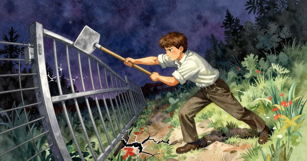 利用扭曲透視, 勒安德用木鏟撥開堆疊葉塊, 閘門老舊破裂, 水流變形, 敘事轉折