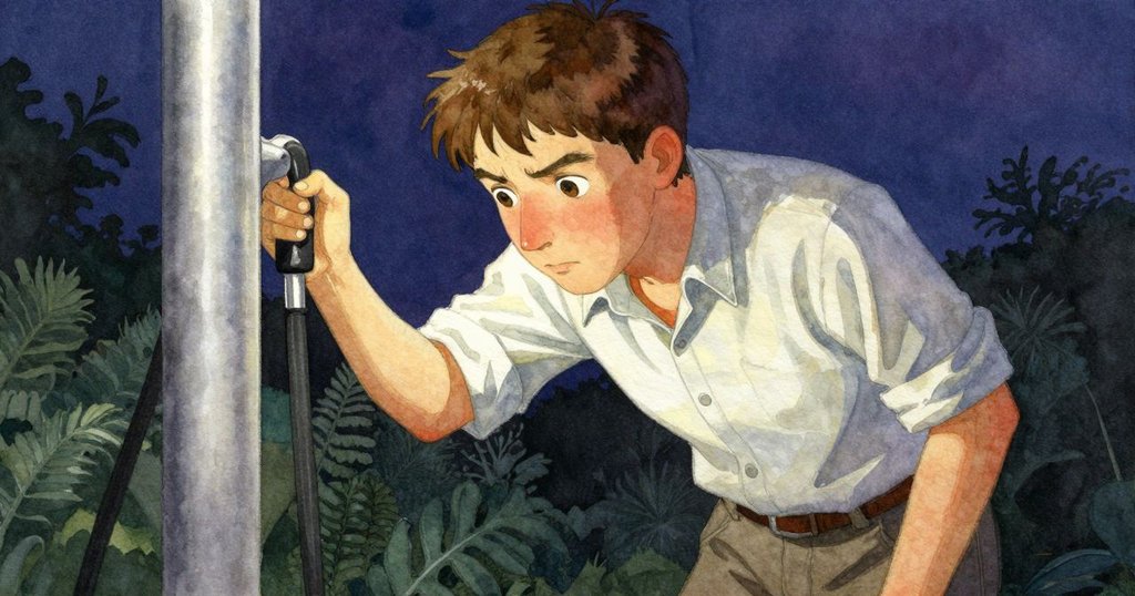 勒安德凝視泵把, 手輕輕停留, 表情猶豫且深思, 內心掙扎, 敘事高潮