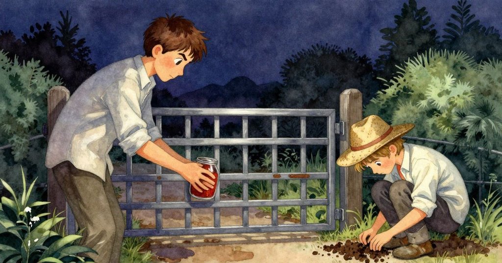 勒安德放置裝滿穀物混合罐於閘旁, 拉菲特蹲下檢查濕潤土壤, 彼此專注, 情感共鳴, 敘事結尾