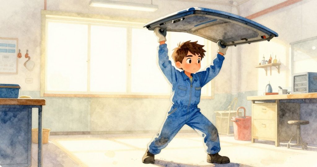 在清晨溫暖光線中,一位技師打開狹窄艙口,他的剪影清晰邊緣,展現期待與 routines 於工坊環境。