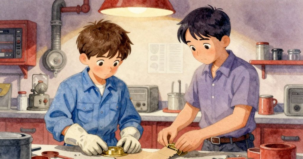 技師手中並列展示銅管與紙板摺痕,物件細節鮮明,工坊內溫暖光線中呈現對比與精細操作。