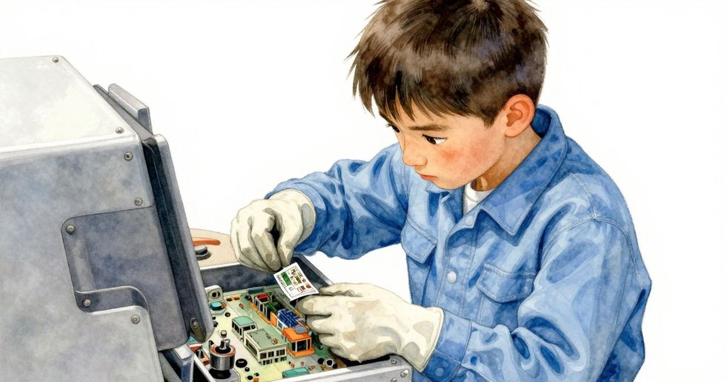 從高處俯瞰,一技師專注檢查機器細節中的紙板摺痕,環境複雜卻光影分明,呈現認真與專注。