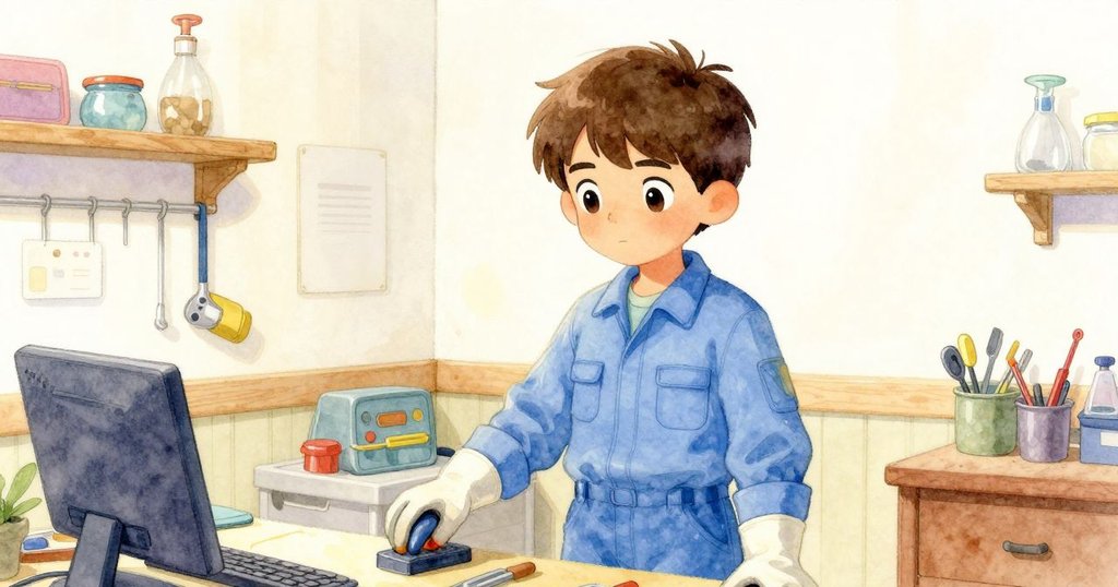 在另一个工坊房間內,技師在整潔工具旁仔細放置油布,室內光線柔和,氛圍溫馨,展現精心修復的過程。