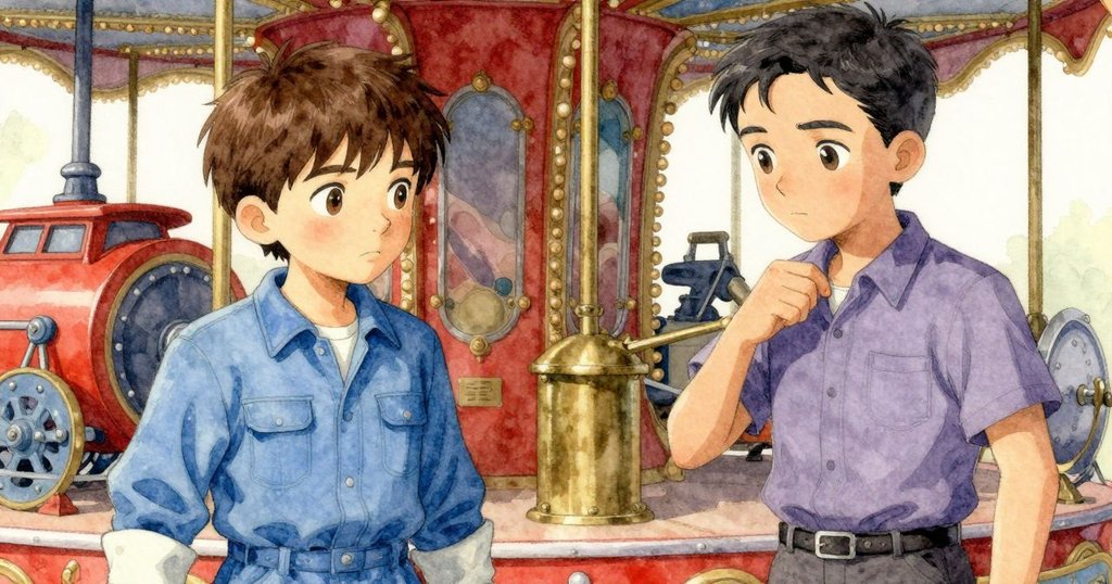 在旋轉木馬隱現背景下,技師手停留於銅管上,定格瞬間展現調整機器部件時的緊湊與細膩。