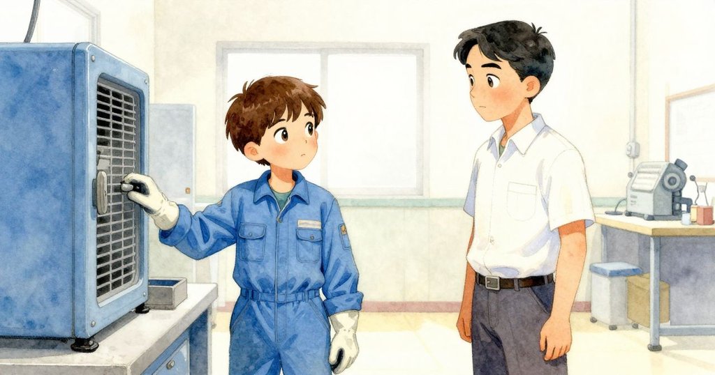 技師與同事在檢查格中相遇,背景機械細節豐富,兩人默契交流,展示修復成功後的放鬆與喜悅。