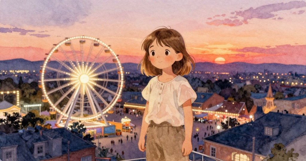 Tatiana 坐在摩天輪車廂中俯瞰熱鬧遊樂場,夕陽餘暉與燈光交織,展現冒險開始的溫馨氛圍